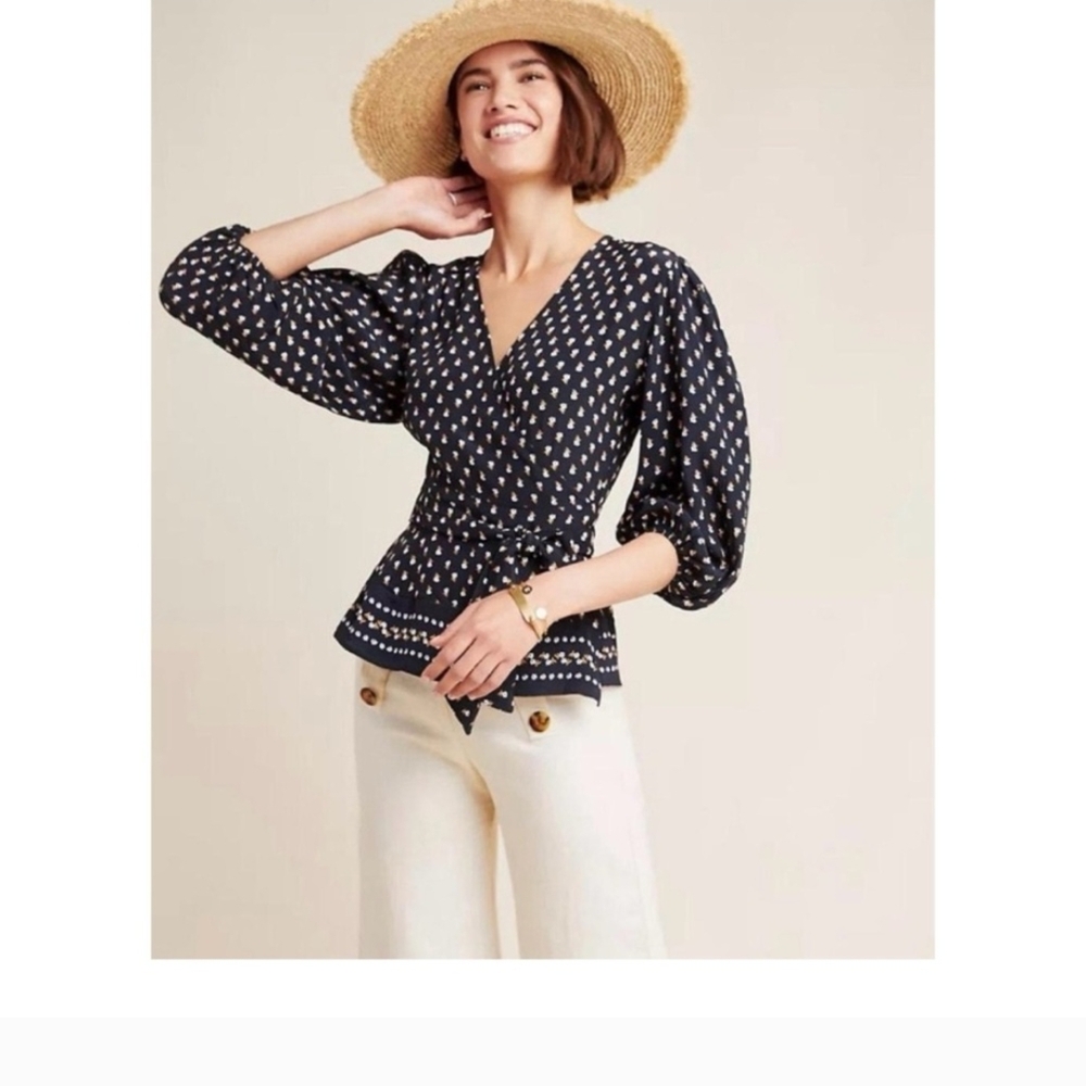 Faithfull the Brand Black and White Wrap Blouse with 3/4 Sleeves